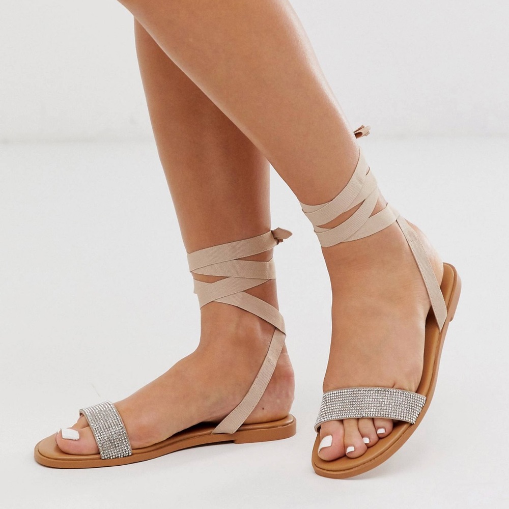 NWT ASOS Wide Fit Flawless Embellished Tie Leg Sandals Sz 8